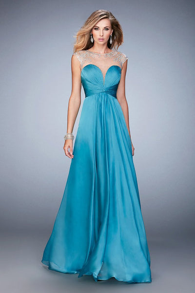 La Femme - 22338 Embellished Ruched Chiffon Keyhole Gown In Blue and Green