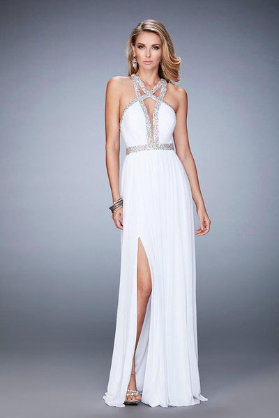 La Femme - 22347 Bedazzled Cutout A-line Dress In White