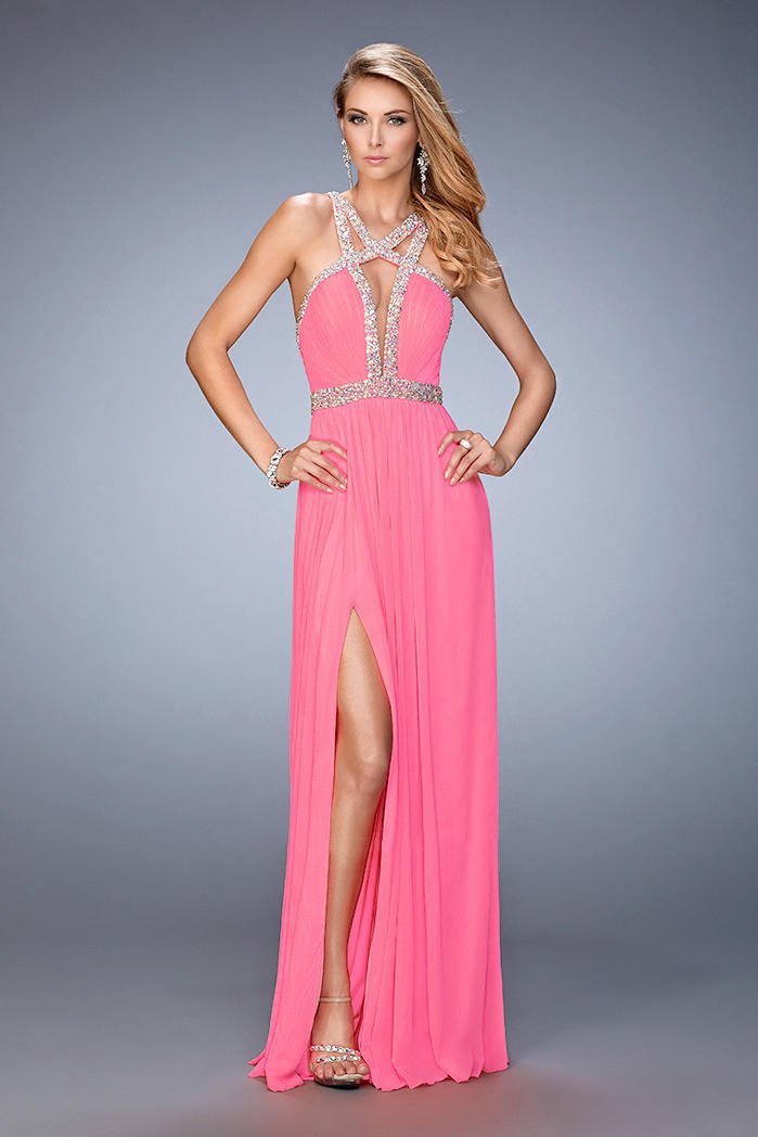 La Femme - 22347 Bedazzled Cutout A-line Dress In Pink