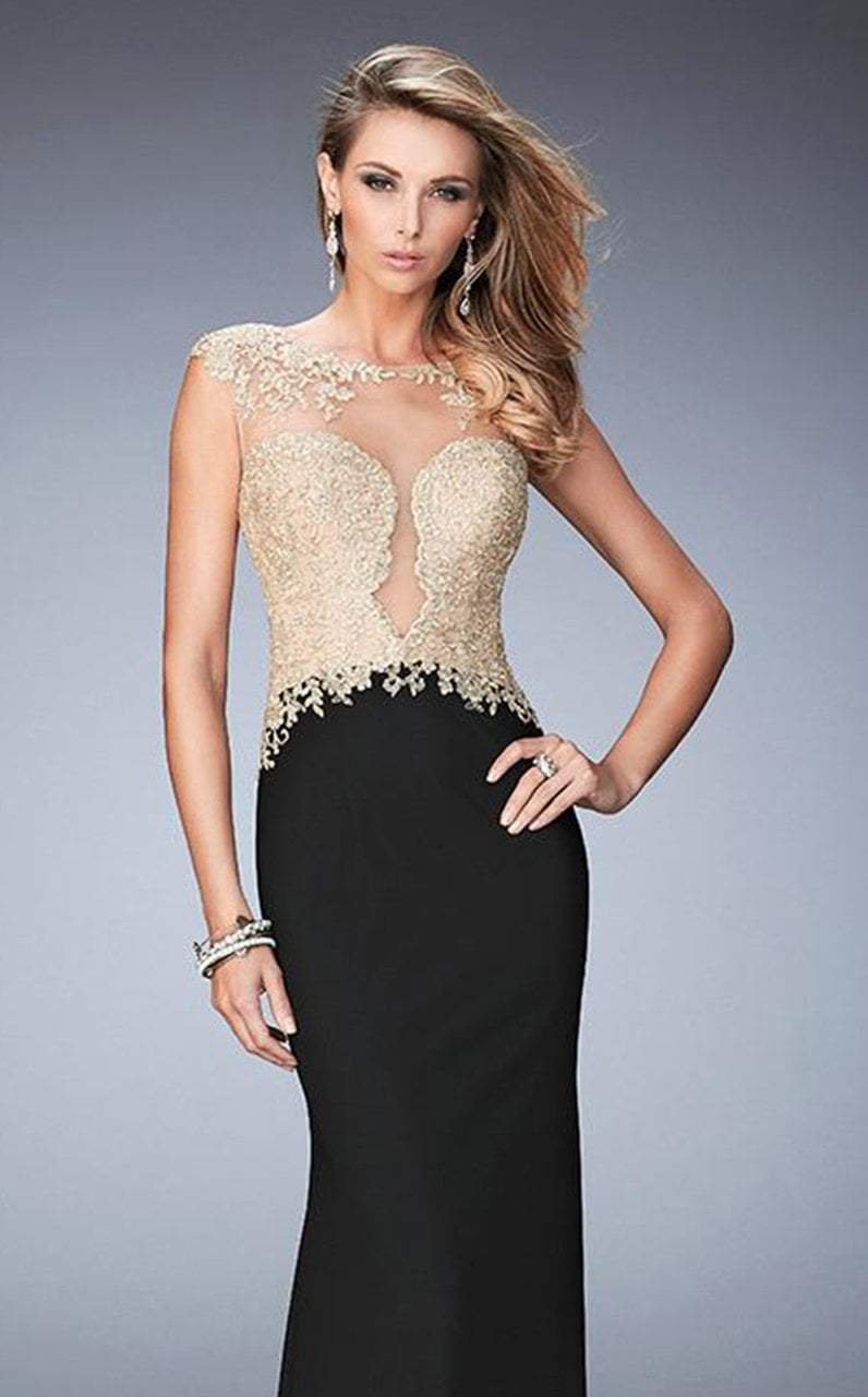 La Femme - 22349 Gilded Illusion Contrast Evening Gown In Black and Gold