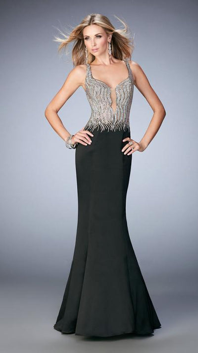 La Femme - 22365 Beaded Stretch Satin Mermaid Dress In Black