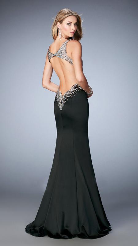 La Femme - 22365 Beaded Stretch Satin Mermaid Dress In Black