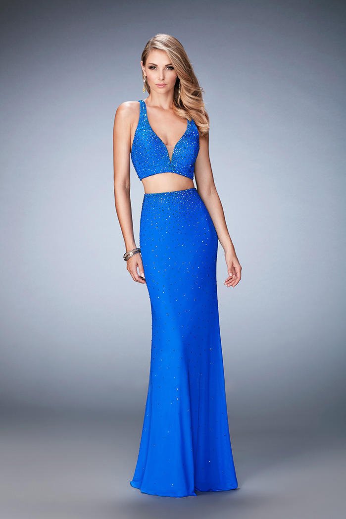 La Femme - 22368 Two Piece Deep V-neck Sheath Dress In Blue