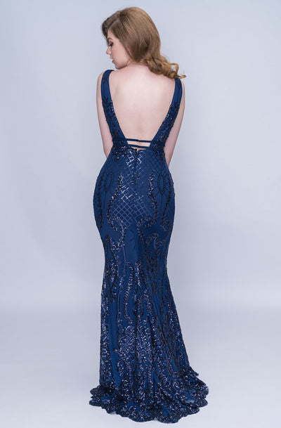 Nina Canacci - 2236 Lattice Sequined Plunging Sheath Gown In Blue