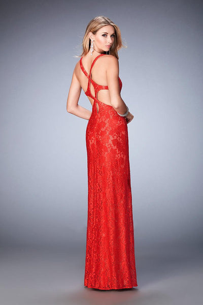 La Femme - 22381 Lace V-neck Sheath Dress In Red