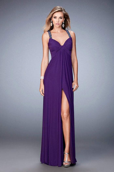 La Femme - 22385 Ruched Empire Sheath Gown In Purple