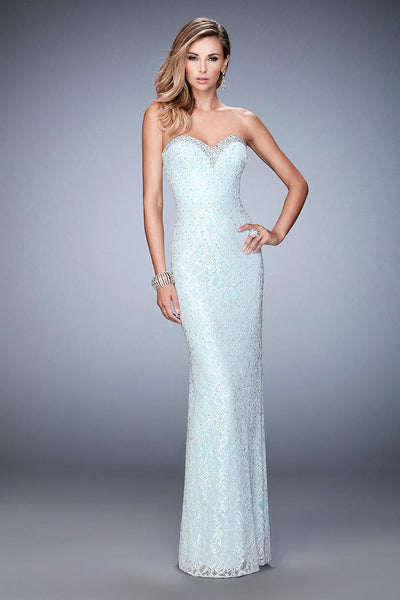 La Femme - 22392 Strapless Sweetheart Sheath Dress In White and Blue
