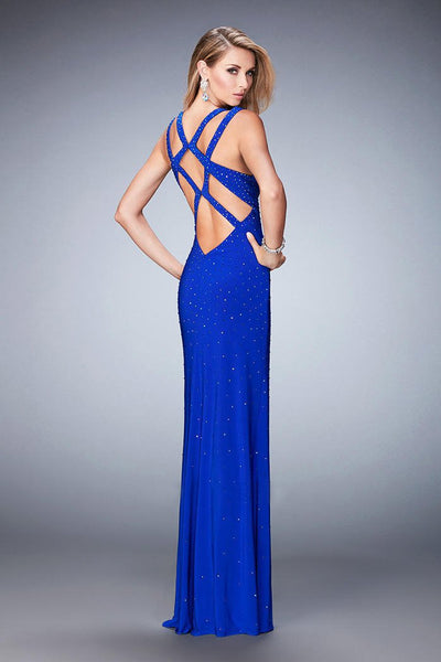 La Femme - 22394 Bedazzled Jewel Sheath Dress In Blue