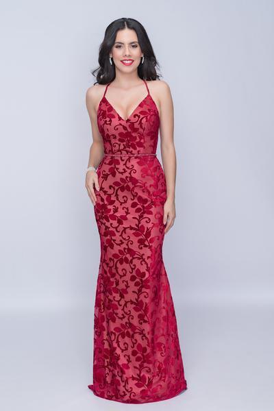 Nina Canacci - 2239 Crisscrossed Back Foliage Motif Sheath Gown In Red