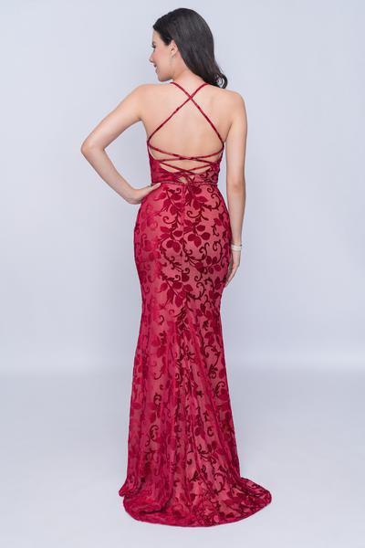 Nina Canacci - 2239 Crisscrossed Back Foliage Motif Sheath Gown In Red