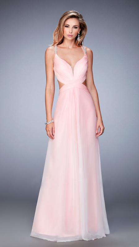 La Femme - 22416 Embellished V-neck Chiffon Dress In Cotton Candy Pink