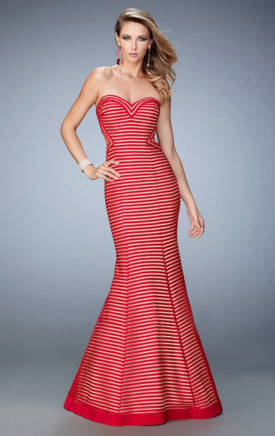 La Femme - 22425 Alluring Striped Strapless Evening Gown In Red