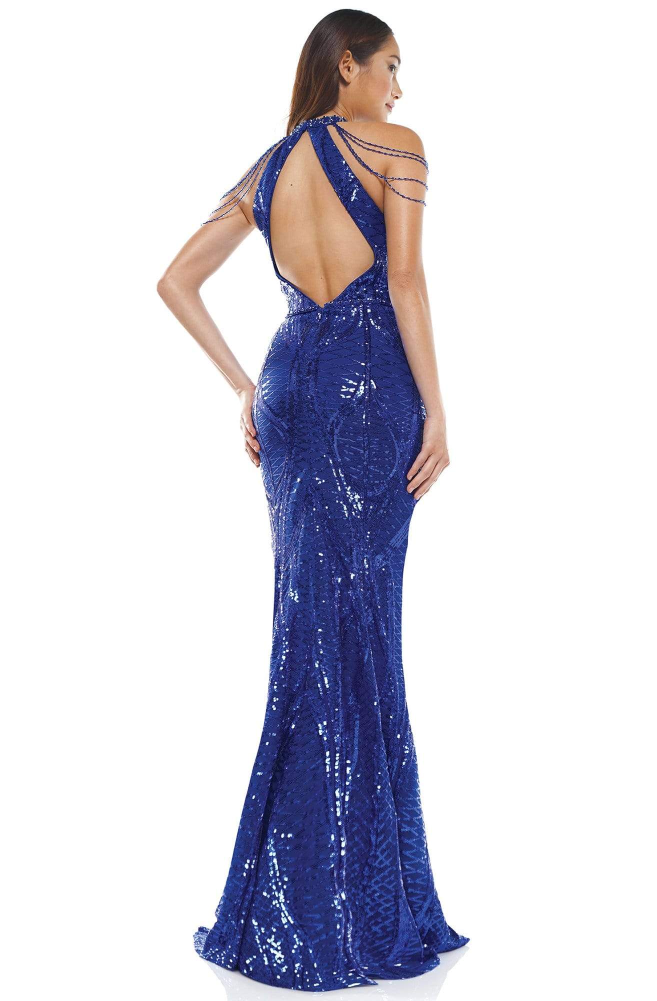 Colors Dress - 2242 Bead-Garlanded Sequined Halter Gown In Blue