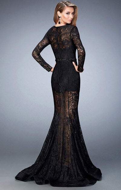 La Femme - 22443 Long-Sleeved Intricate Lace Evening Gown In Black