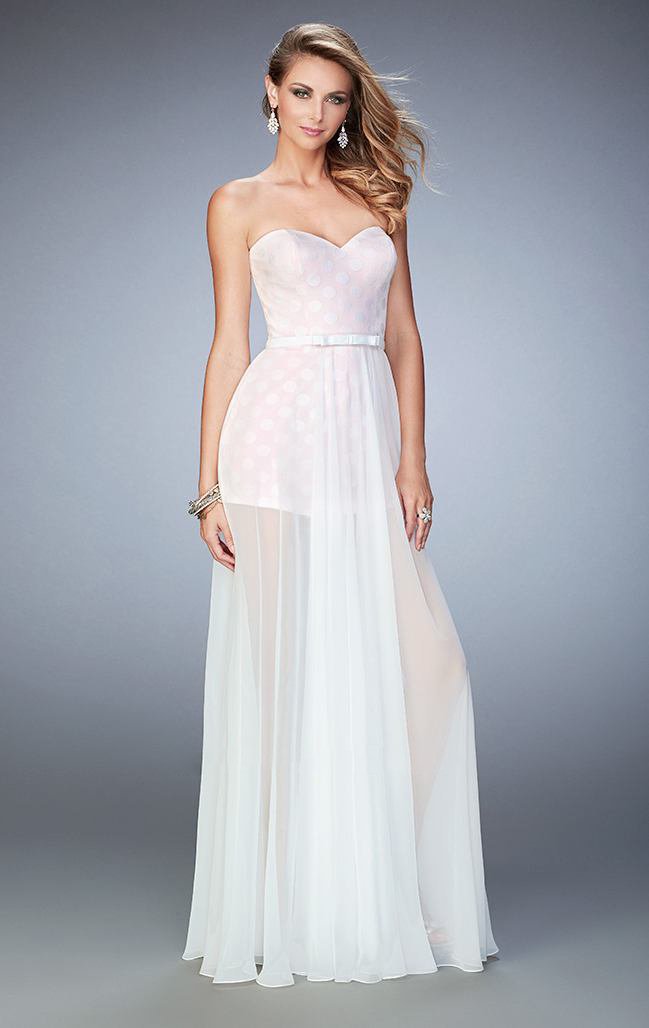 La Femme - 22484 Sheer and Polka Dot Evening Gown In White and Pink