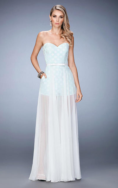 La Femme - 22484 Sheer and Polka Dot Evening Gown In White and Blue