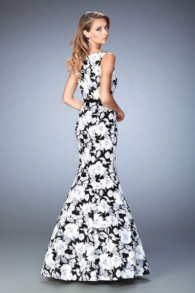 La Femme - 22494 Monochromatic Floral Print Evening Gown In Black and White