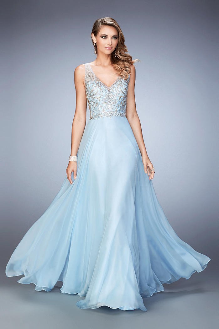 La Femme - 22499 Chiffon V-neck A-line Dress In Blue
