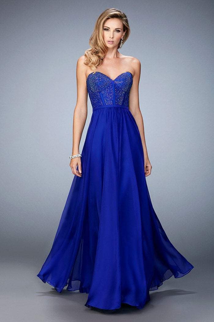 La Femme - 22524 Bejeweled Sweetheart Chiffon Dress In Blue