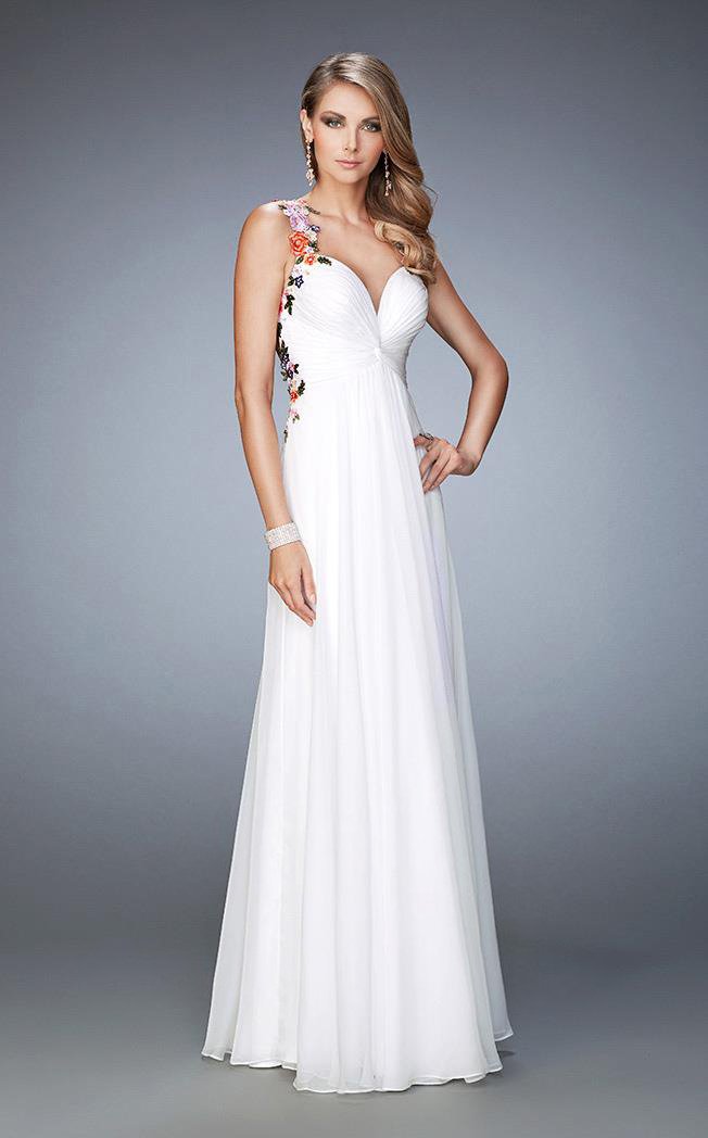 La Femme - 22610 Sleeveless Floral Applique Evening Gown In White