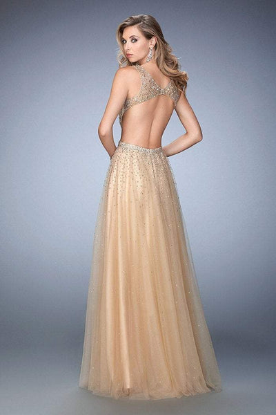 La Femme - 22613 Bedazzled V-neck A-line Dress in Gold