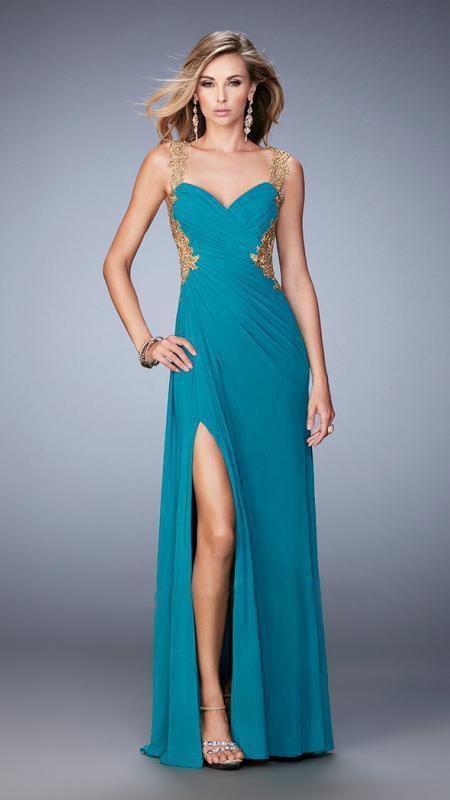 La Femme - 22616 Gold Embroidered Sweetheart Dress In Blue and Green