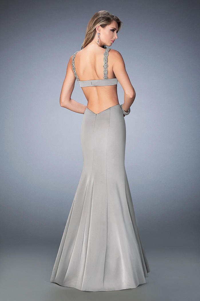 La Femme - 22631 Beaded Deep V-neck Mermaid Dress In Gray