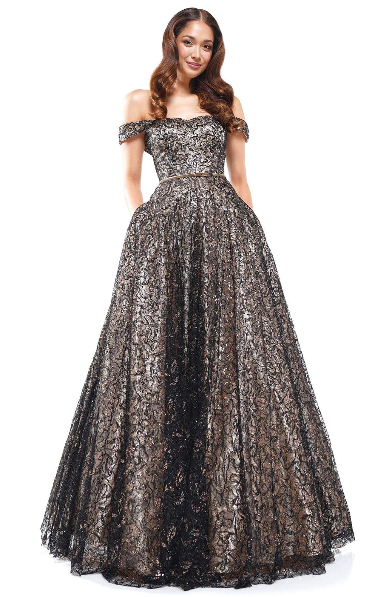 Colors Dress - 2266 Off Shoulder Sequined Lace A-Line Gown In Black and Neutral