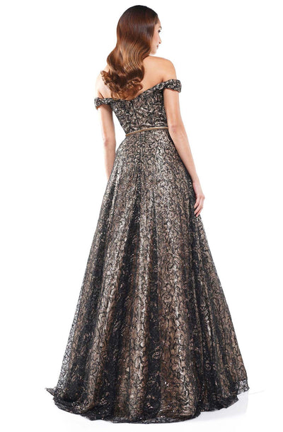 Colors Dress - 2266 Off Shoulder Sequined Lace A-Line Gown In Black and Neutral