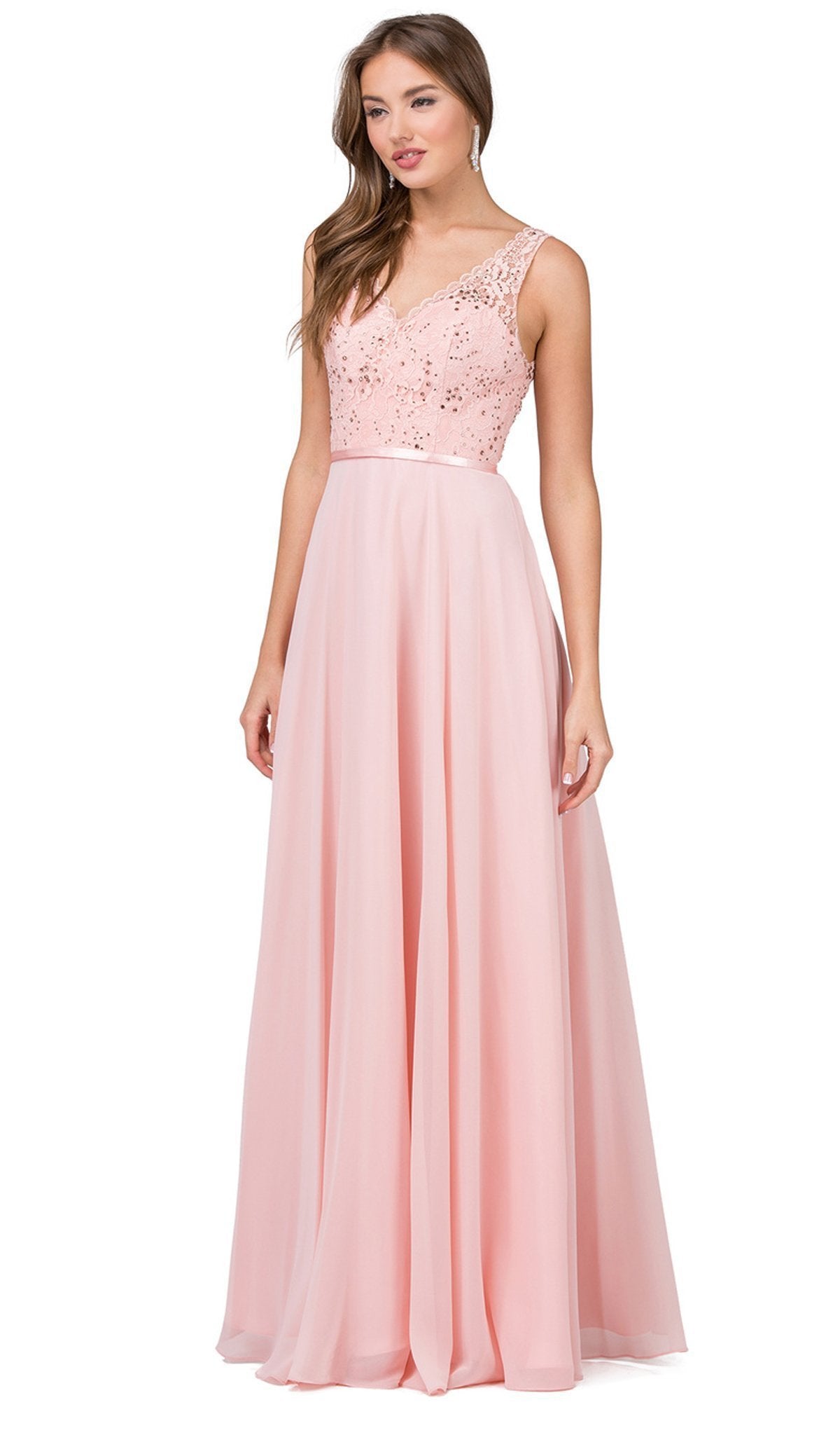 Dancing Queen - 2267 Sleeveless Scalloped Lace Illusion Prom Gown in Pink