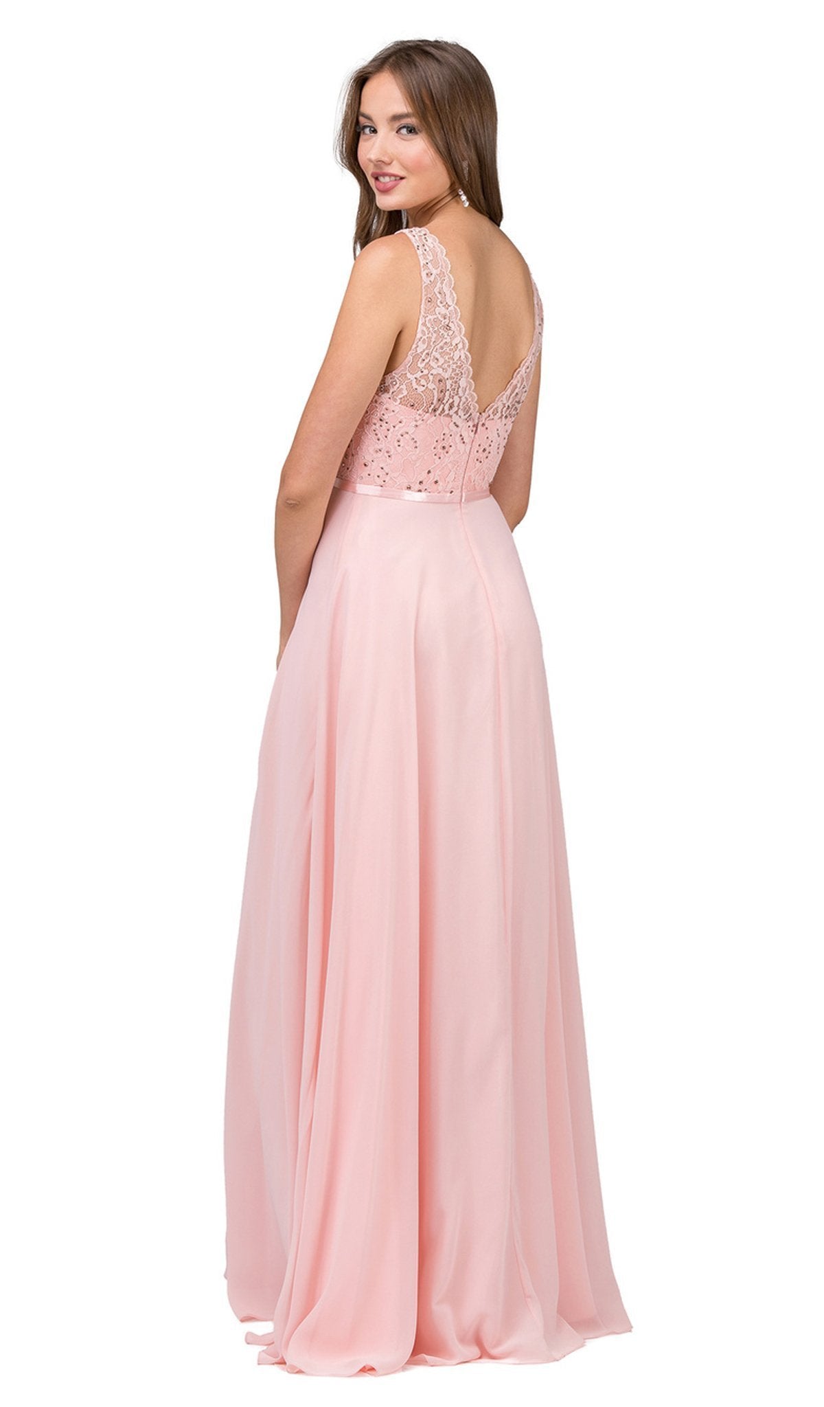 Dancing Queen - 2267 Sleeveless Scalloped Lace Illusion Prom Gown in Pink