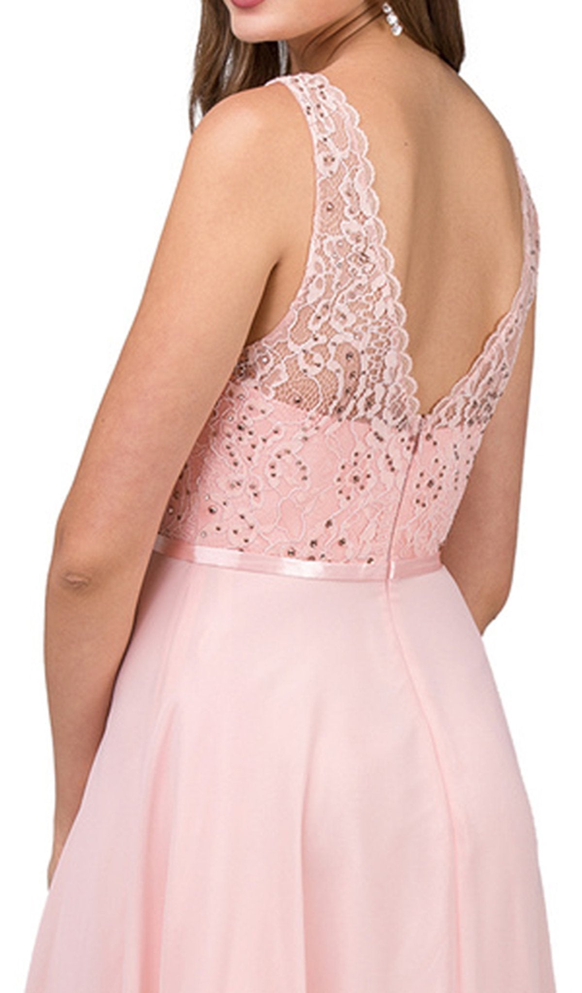 Dancing Queen - 2267 Sleeveless Scalloped Lace Illusion Prom Gown in Pink