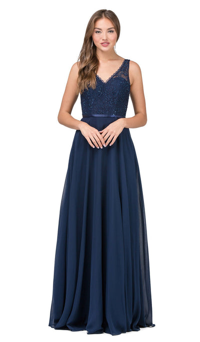Dancing Queen - 2267 Sleeveless Scalloped Lace Illusion Prom Gown in Brown in Blue