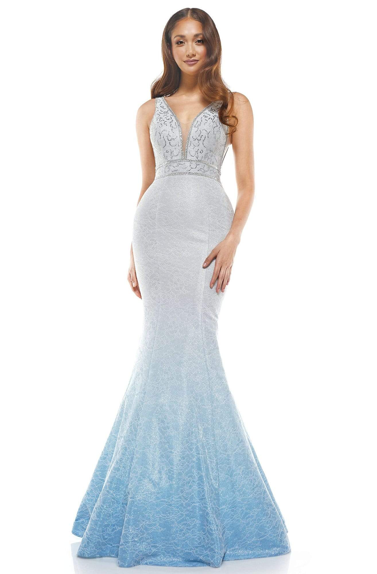 Colors Dress - 2272 Sleeveless Ombre Laced Mermaid Dress In Blue and White