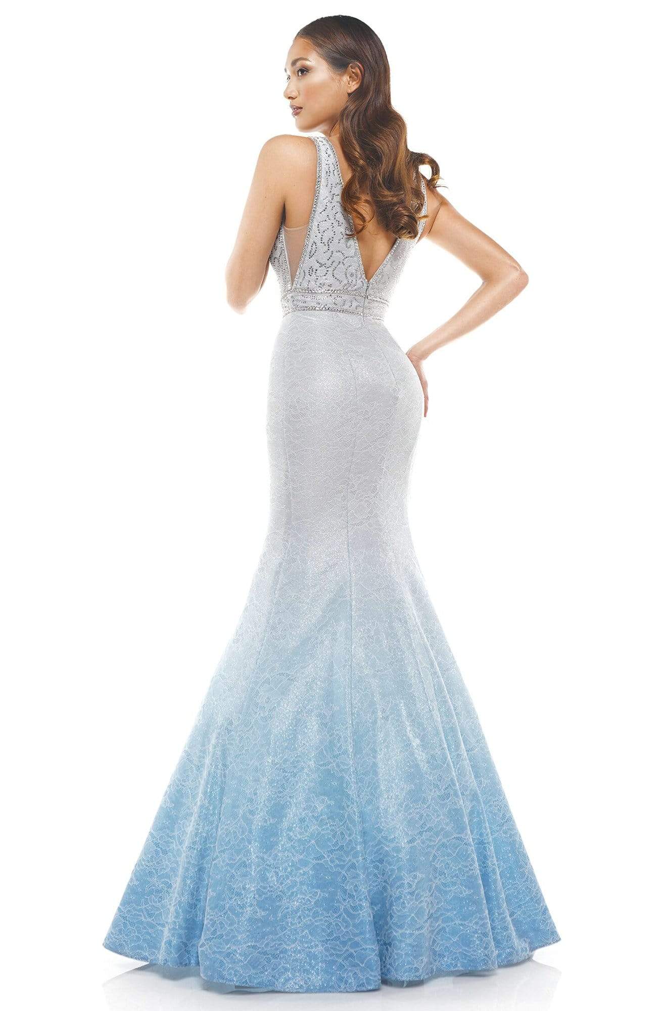 Colors Dress - 2272 Sleeveless Ombre Laced Mermaid Dress In Blue and White