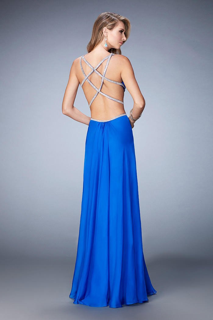La Femme - 22762 Bedazzled Deep V-neck A-line Dress In Blue