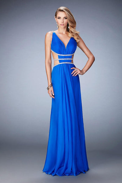 La Femme - 22762 Bedazzled Deep V-neck A-line Dress In Blue