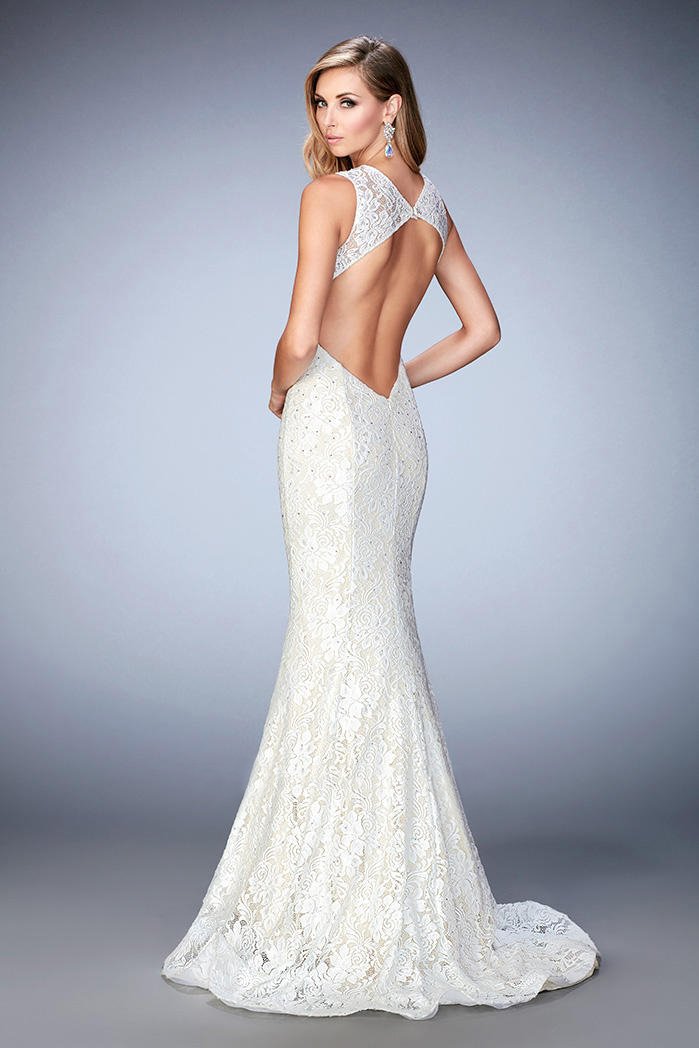 La Femme - 22768 Lace Deep V-neck Mermaid Dress In White