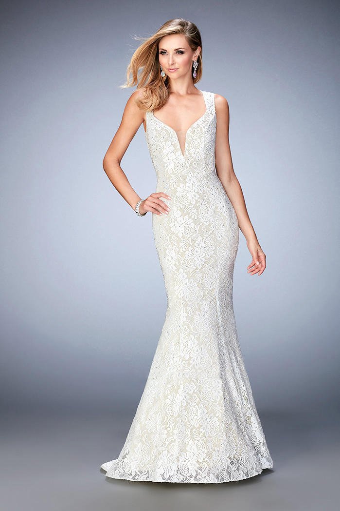 La Femme - 22768 Lace Deep V-neck Mermaid Dress In White
