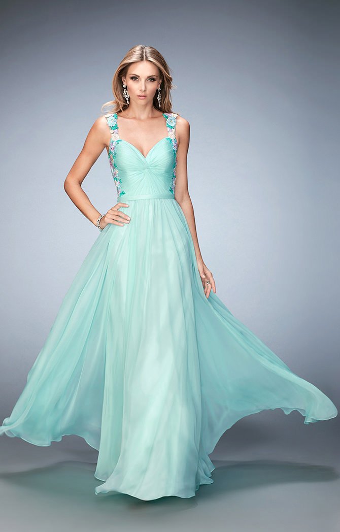 La Femme - 22804 Floral Lace Detail Chiffon Evening Gown In Green