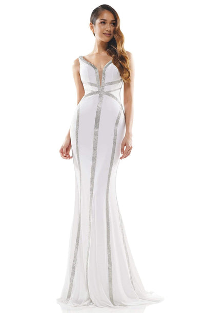Colors Dress - 2280 V-Neck Embellished Trumpet Dress In White