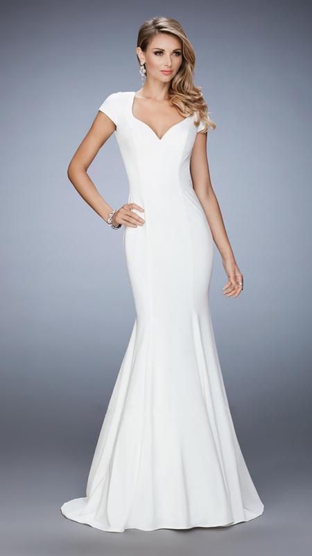 La Femme - 22819 V-neck Jersey Trumpet Dress In White