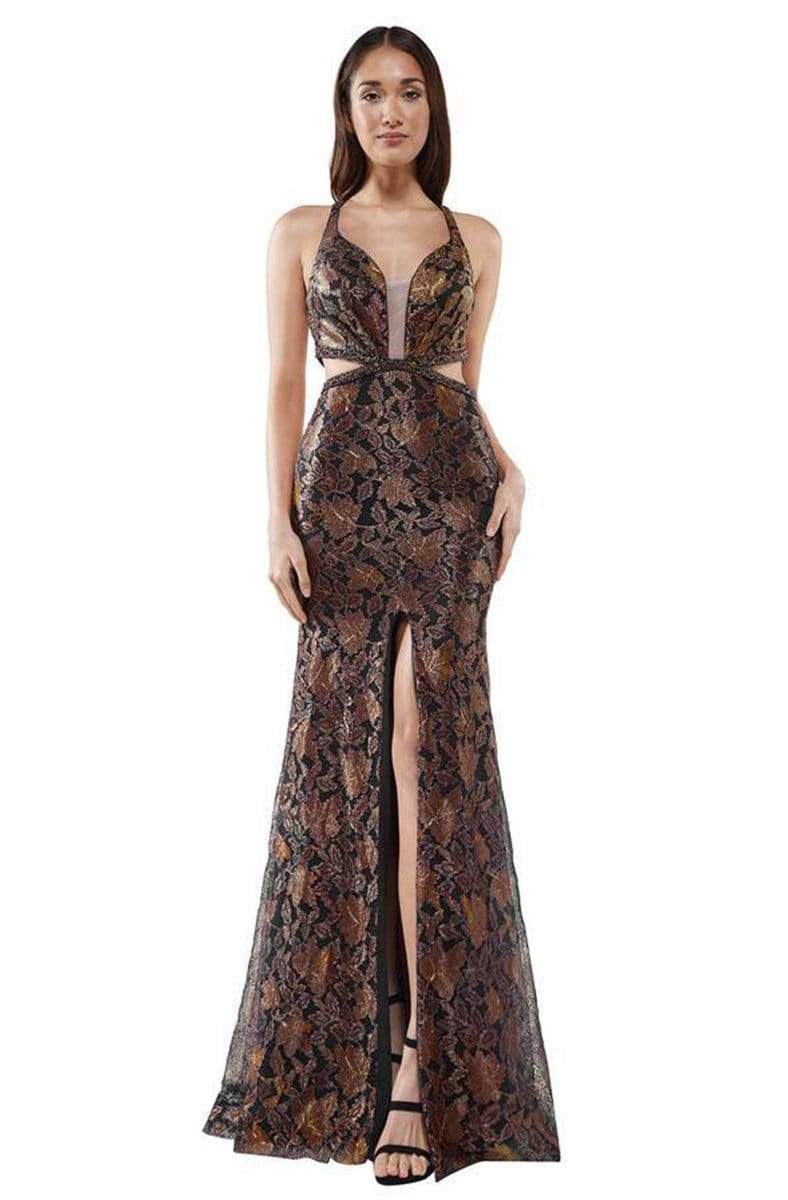 Colors Dress - 2282 Plunging Halter Gown with Slit In Black and Brown