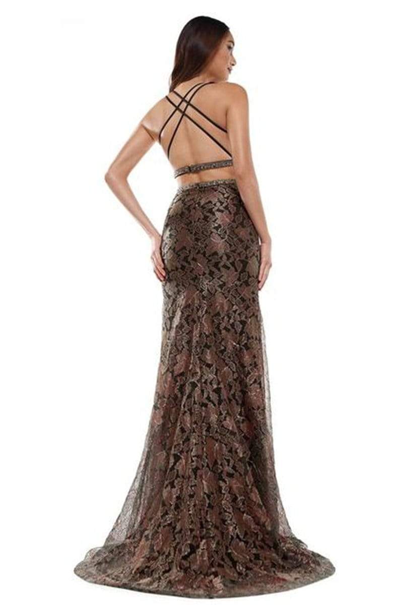 Colors Dress - 2282 Plunging Halter Gown with Slit In Black and Brown
