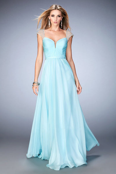 La Femme - 22876 Shimmering Cap Sleeve A-Line Gown In Blue