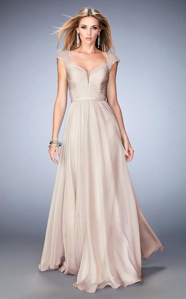 La Femme - 22876 Shimmering Cap Sleeve A-Line Gown In Neutral