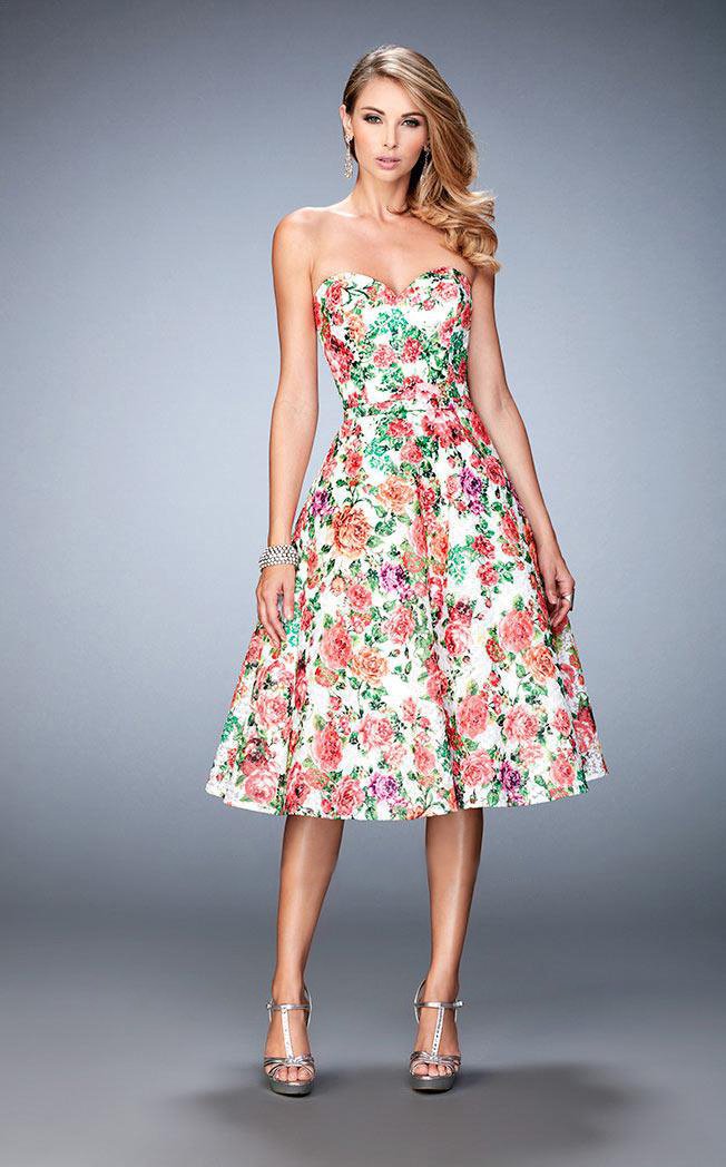 La Femme - 22903 Strapless Floral Print Tea Length Dress in Multi-Color