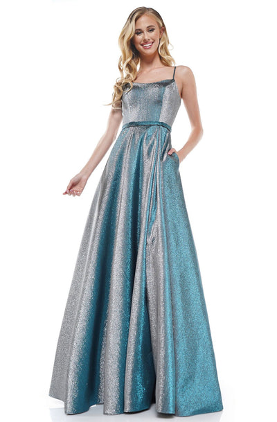 Colors Dress - 2290 Glittered Square Neck Long A-line Dress In Blue and Multi