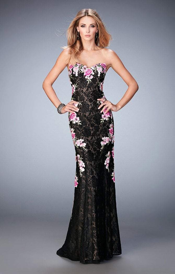 La Femme - 22914 Strapless Lace and Floral Detail Evening Gown In Black