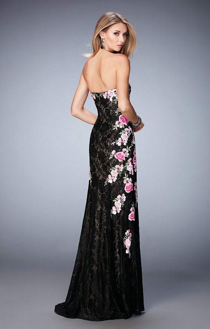 La Femme - 22914 Strapless Lace and Floral Detail Evening Gown In Black